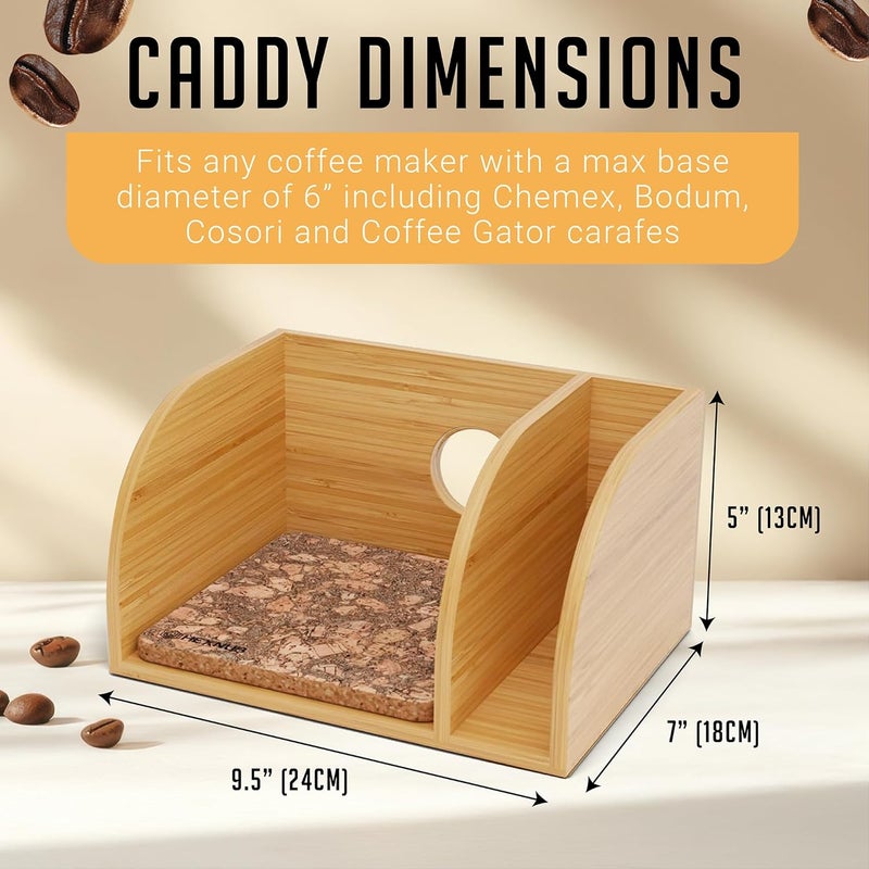 HEXNUB – Caddy for Pour Over Coffee Maker, Bamboo Stand fits Chemex, Bodum, Cosori Coffee Carafes, Heatproof Mat, Filter Holder for Drip Coffee Maker - Cork Mat - Image 3